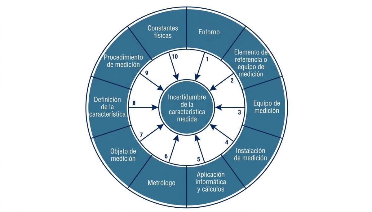 Factores que influyen en la incertidumbre de medida Esquema de los factores que influyen en la incertidumbre de medida: calibración, instrumento, entorno, operario, método y pieza medida.
